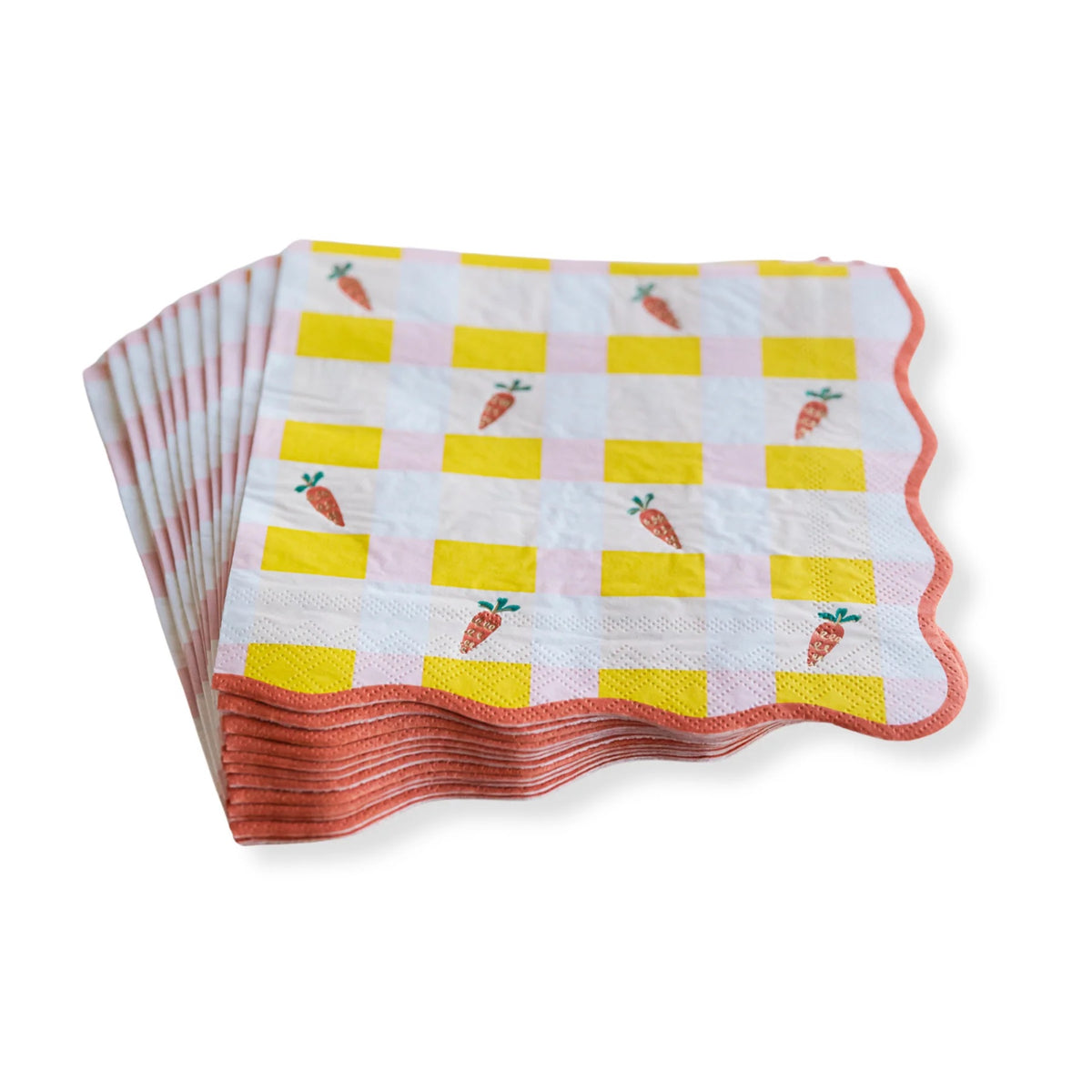 A neatly stacked set of Sweet Carrot Easter napkins, highlighting the thick, high-quality paper and scalloped edging—ideal for Easter and spring gatherings.