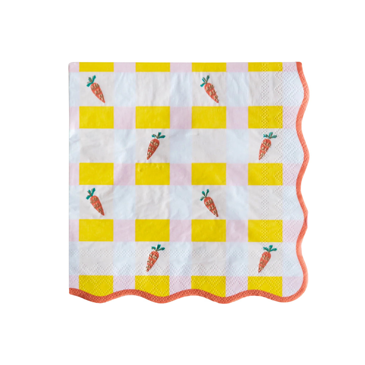 A close-up of a single Sweet Carrot Easter napkin, showcasing a playful checkered pattern in yellow and pink with charming carrot details, finished with a scalloped orange trim.