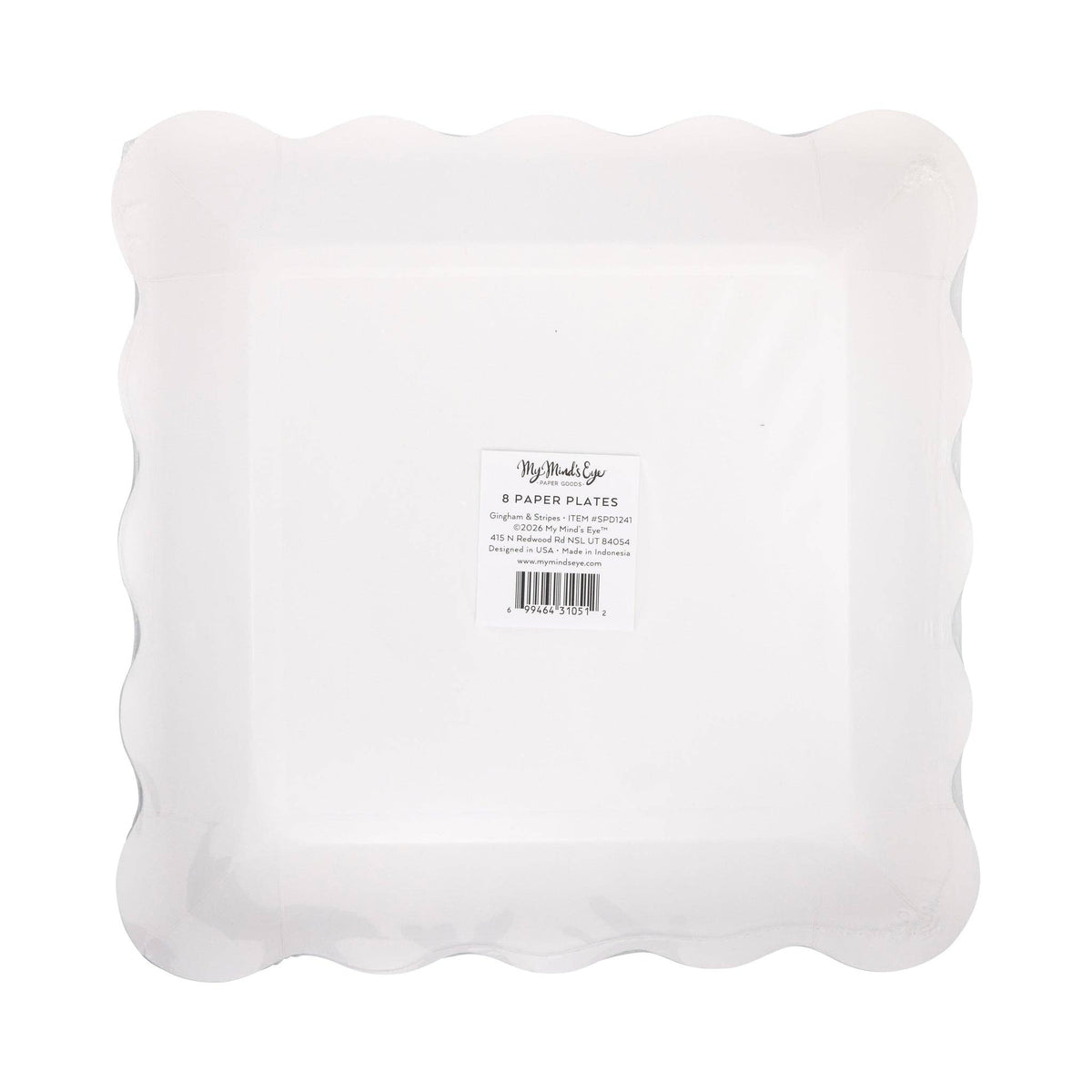 Back of scalloped square paper plates showing plate shape and size in packaging