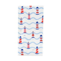 Rectangular napkin with a pattern of red, blue, and pink lighthouses floating between light blue wavy stripes, with scattered seagulls overhead.