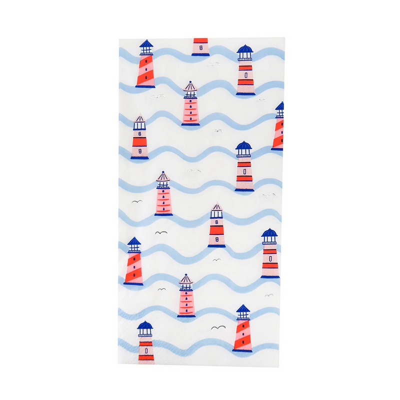 Rectangular napkin with a pattern of red, blue, and pink lighthouses floating between light blue wavy stripes, with scattered seagulls overhead.