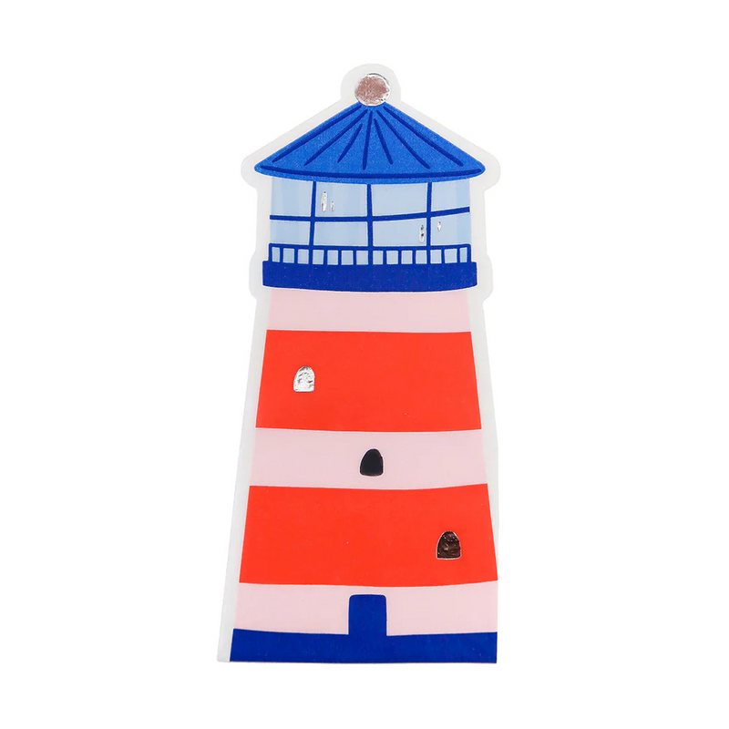 Lighthouse-shaped paper napkin with red, white, and blue design and foil detailing