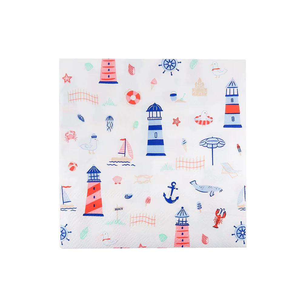 Square paper napkin with colorful seaside illustrations including lighthouses, boats, seashells, and sea animals on a white background