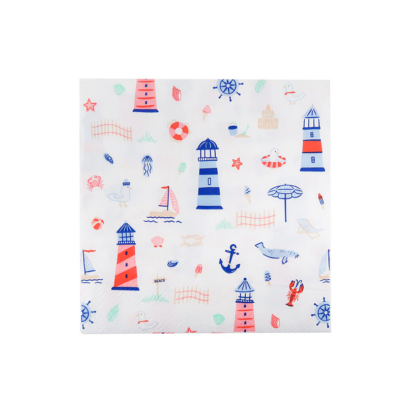 Square paper napkin with colorful seaside illustrations including lighthouses, boats, seashells, and sea animals on a white background