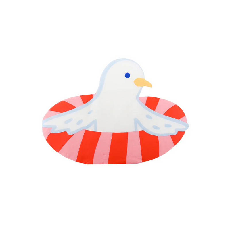 Seagull-shaped paper napkin floating in a red and pink striped life ring