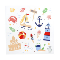 Individual sticker sheet featuring illustrated seaside icons like sailboats, lighthouses, beach signs, and ice cream.