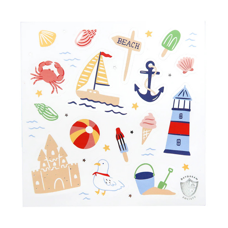 Individual sticker sheet featuring illustrated seaside icons like sailboats, lighthouses, beach signs, and ice cream.