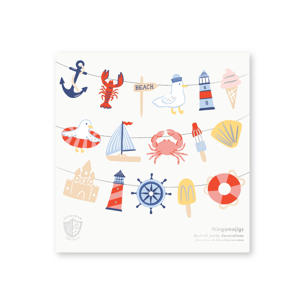 Party garland kit featuring 16 die-cut seaside-themed icons—like a lighthouse, crab, popsicle, anchor, sailboat, and seagull—displayed on a white background with twine.