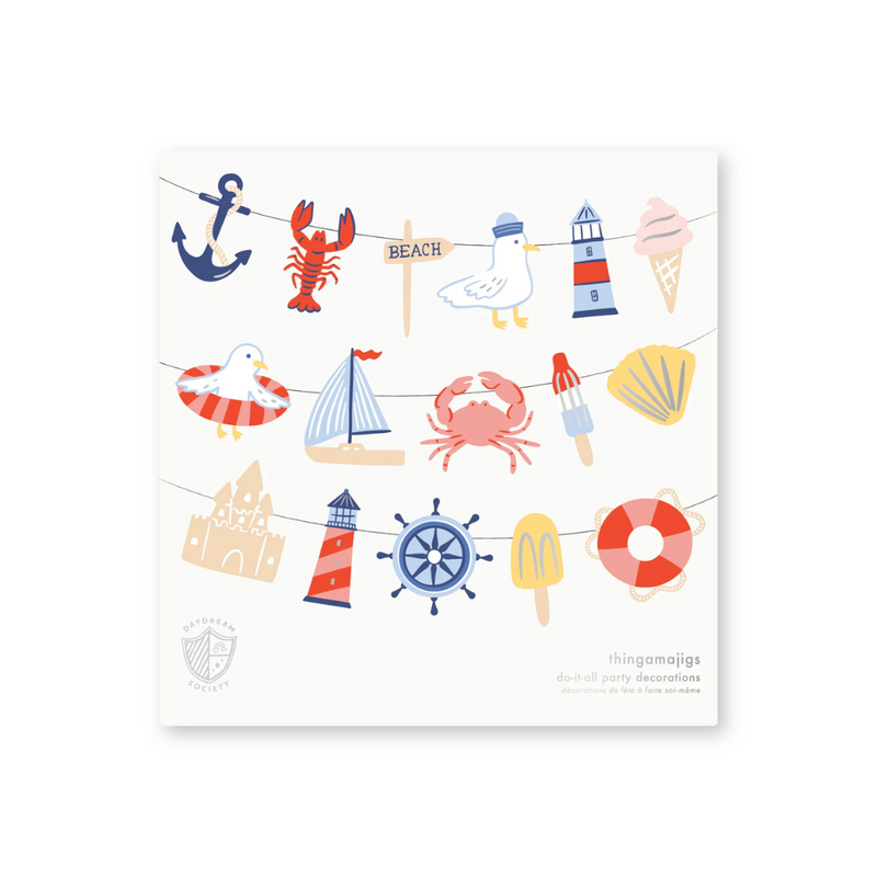 Party garland kit featuring 16 die-cut seaside-themed icons—like a lighthouse, crab, popsicle, anchor, sailboat, and seagull—displayed on a white background with twine.