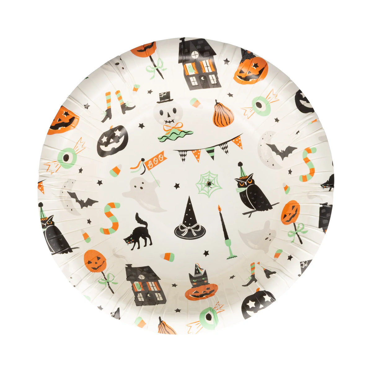 Single round paper bowl featuring colorful Halloween icons like pumpkins, ghosts, and witch hats on a cream background.