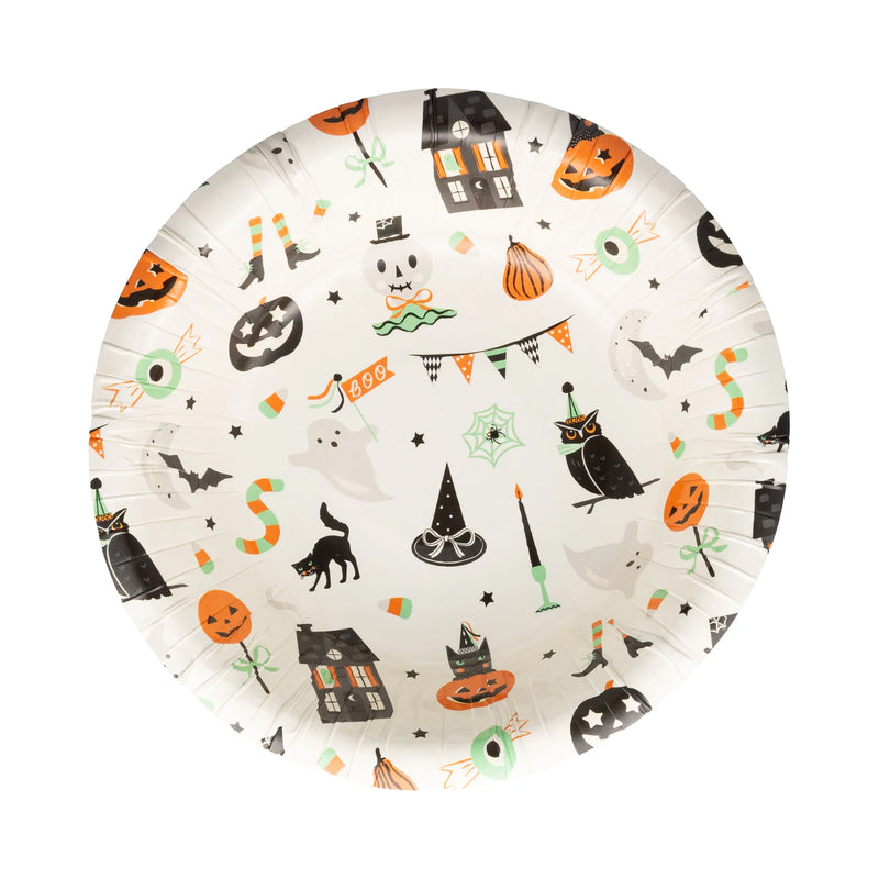 Single round paper bowl featuring colorful Halloween icons like pumpkins, ghosts, and witch hats on a cream background.
