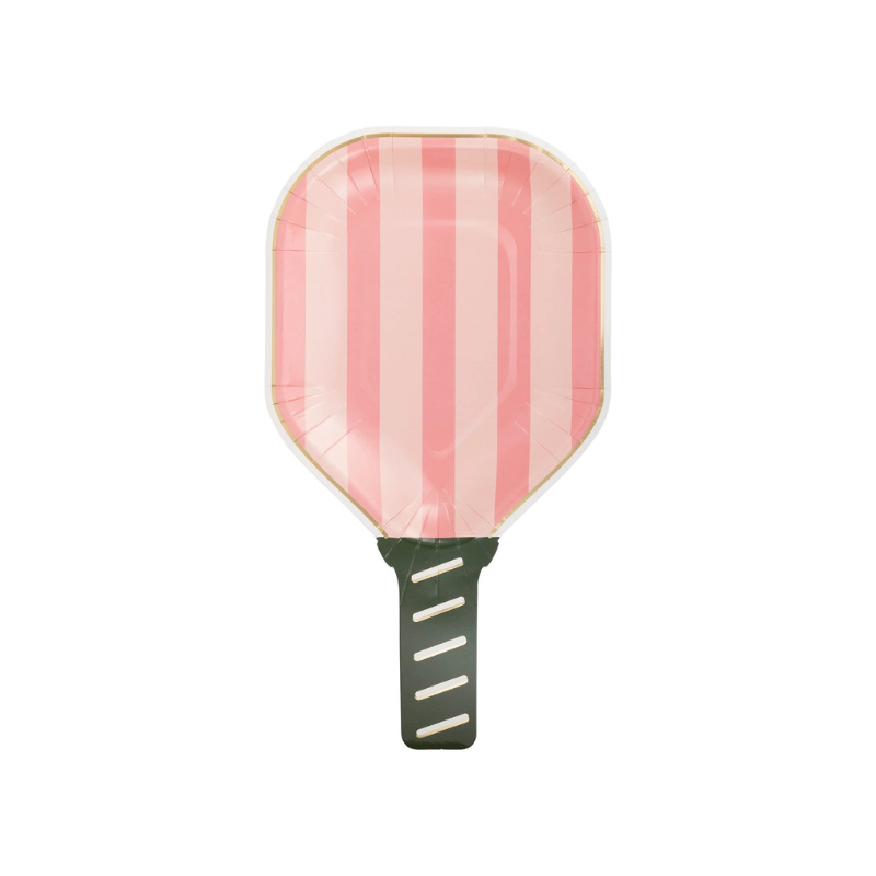 Add flair to your pickleball party ideas with our pink paddle plates. Perfect for stylish country club theme parties.