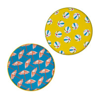 set of two playful pool party plates: one with a blue background and pink umbrellas, and the other with a bright yellow design covered in beach balls, ideal for summer celebrations.