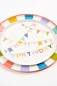 A set of birthday party plates featuring a "Happy Birthday" design with colorful banners.