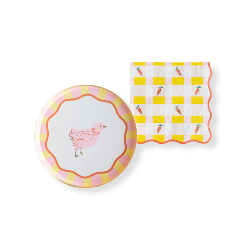 A set of Sweet Carrot Easter napkins featuring a pastel yellow and pink gingham pattern with adorable mini carrot illustrations. Perfect for spring brunches, Easter tablescapes, and Spring celebrations.