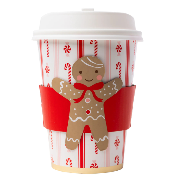 Single Sweet Gingerbread Hot Cup with lid and red paper sleeve featuring gingerbread man cutout.