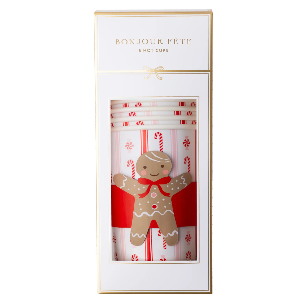 Packaged set of 8 Bonjour Fête Sweet Gingerbread Hot Cups in box with gold detailing.