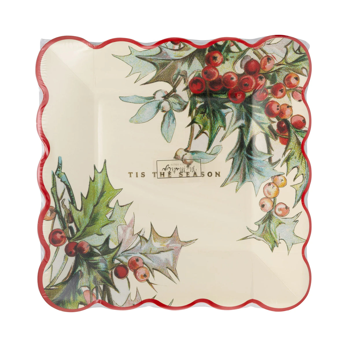 Holly square scalloped plate in clear packaging