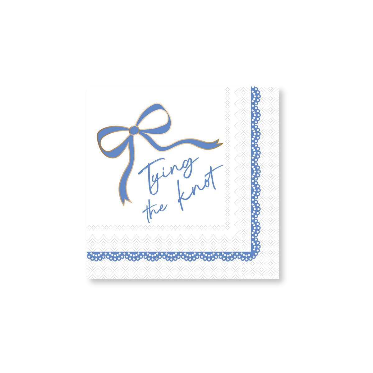 Paper napkin with blue bow and 'Tying the Knot' text on a white background