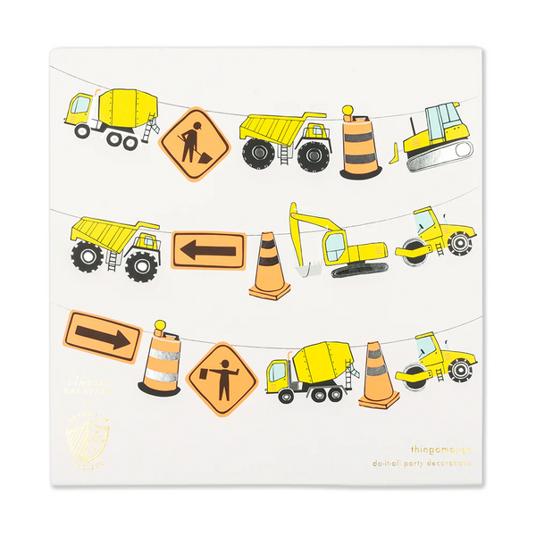 Flat-lay of the Under Construction Thingamajigs packaging showing 16 die-cut construction-themed pieces and twine on a white background.