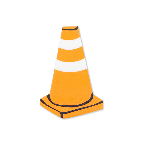 Isolated image of a single traffic cone-shaped paper napkin with white stripes and silver foil detail.