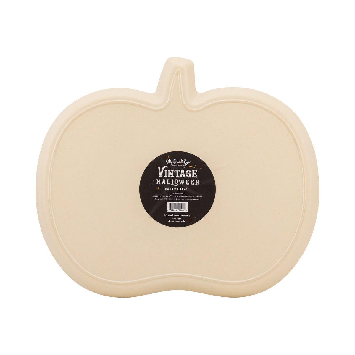 Back of pumpkin bamboo tray showing natural bamboo fiber and Vintage Halloween label.