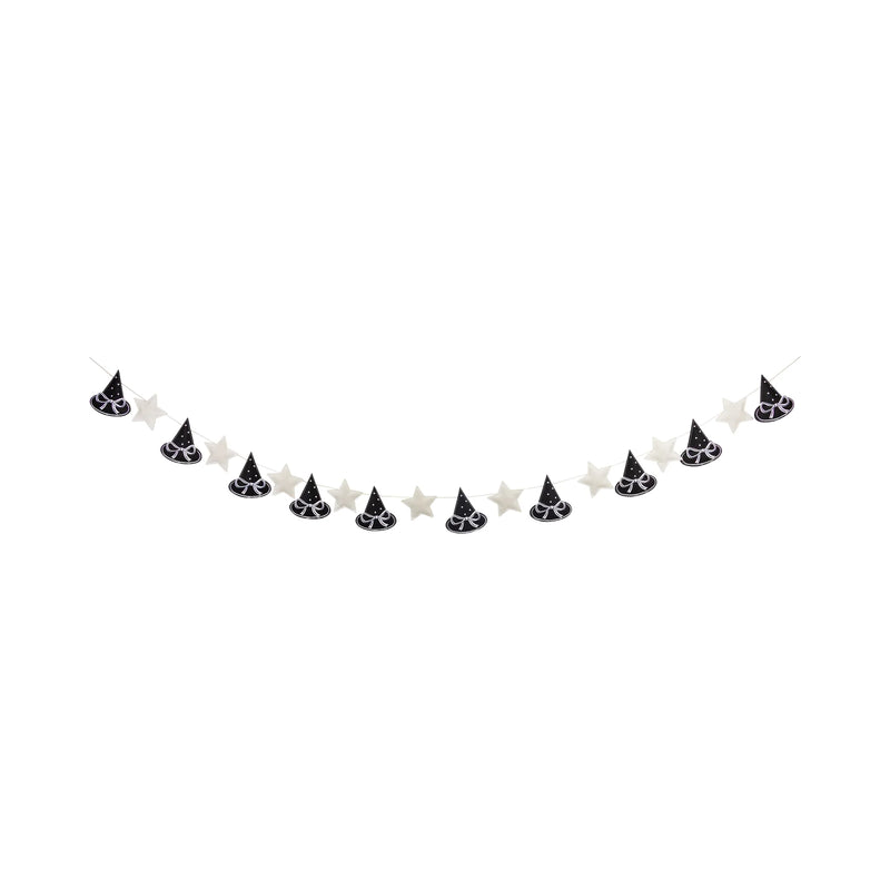 Studio shot of the complete banner: alternating black witch hats with bows and cream felt stars on a cord.
