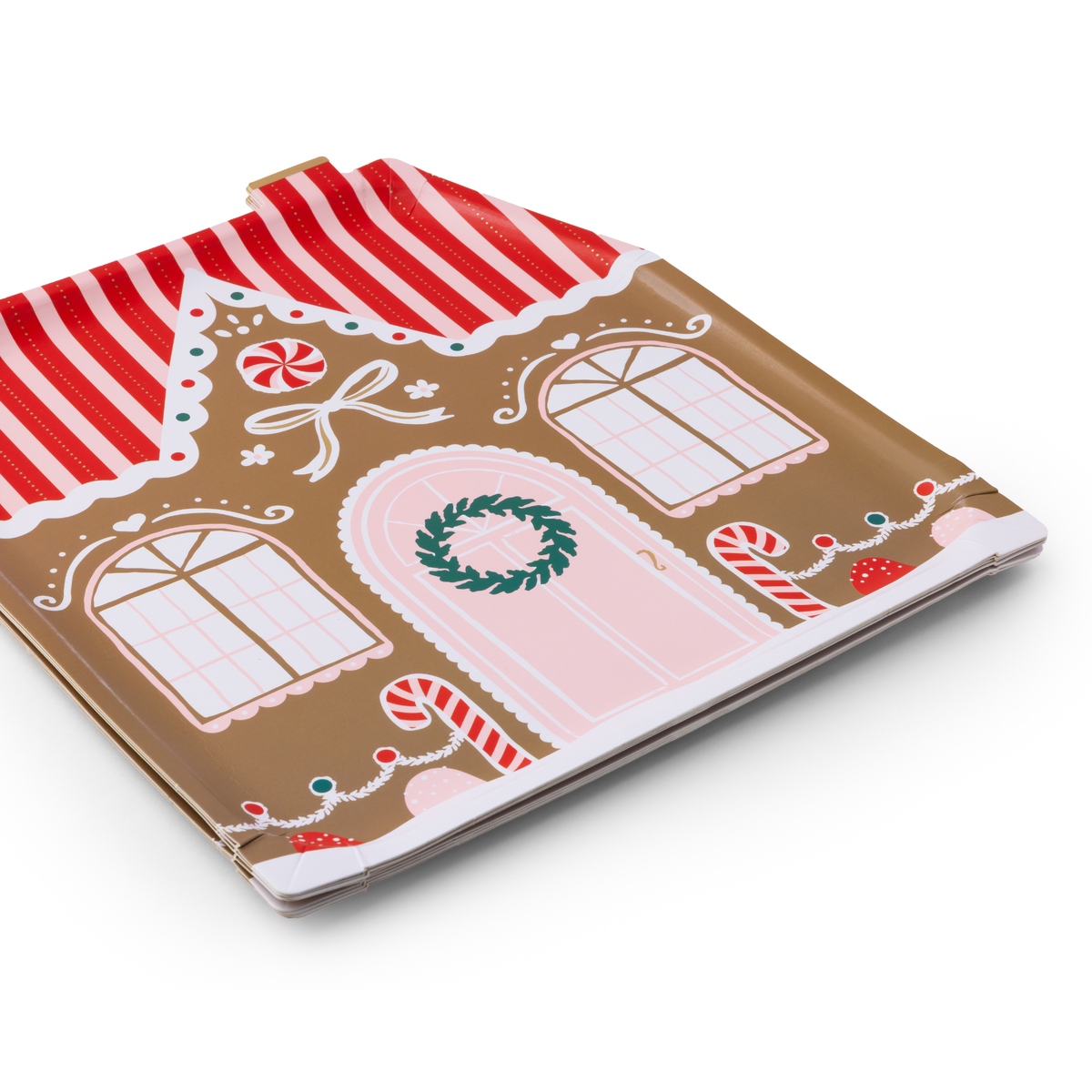 Close-up of folded Sweet Gingerbread House Large Plate showing candy and wreath design.