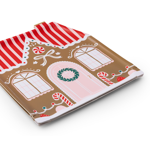 Close-up of folded Sweet Gingerbread House Large Plate showing candy and wreath design.