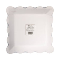 Back of packaging for red plaid square paper plates with product label