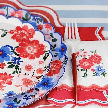 Red Scalloped Summer Floral Napkins (16ct)