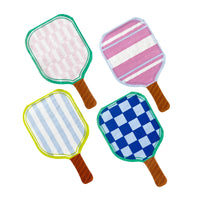 Grouped set of four assorted paddle napkins (check, stripes, gingham) fanned out on white background.