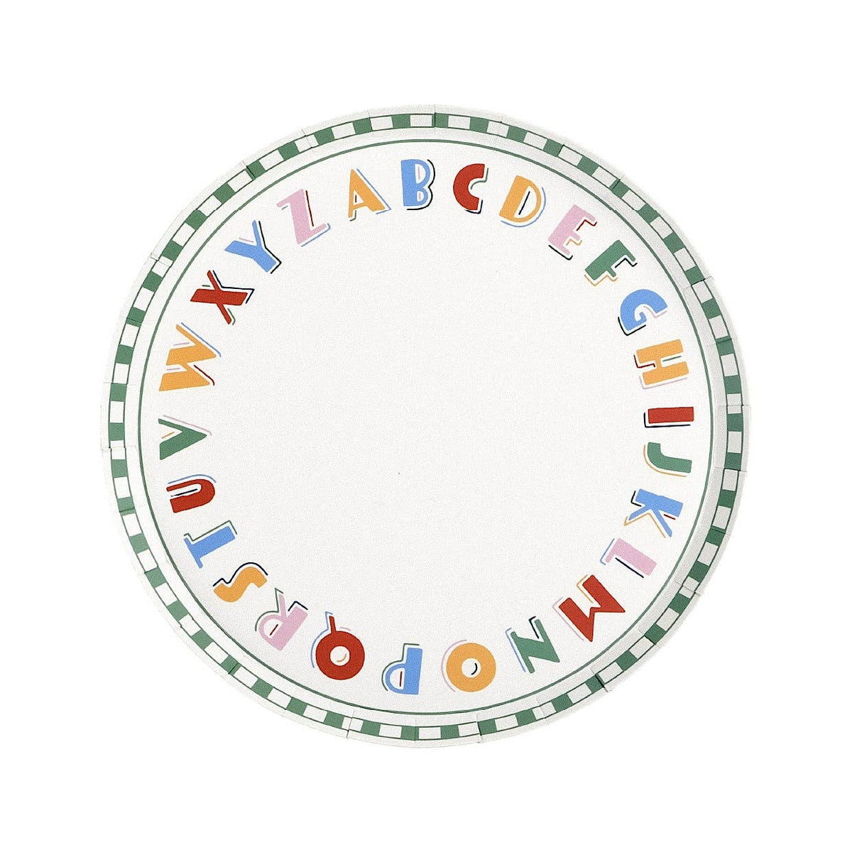 Single ABC alphabet paper plate on a white background showing the full A–Z alphabet in mismatched colors looping around the rim and a green-and-white checkered ring border
