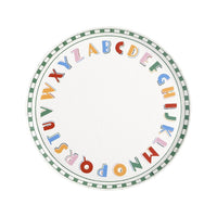 Single ABC alphabet paper plate on a white background showing the full A–Z alphabet in mismatched colors looping around the rim and a green-and-white checkered ring border