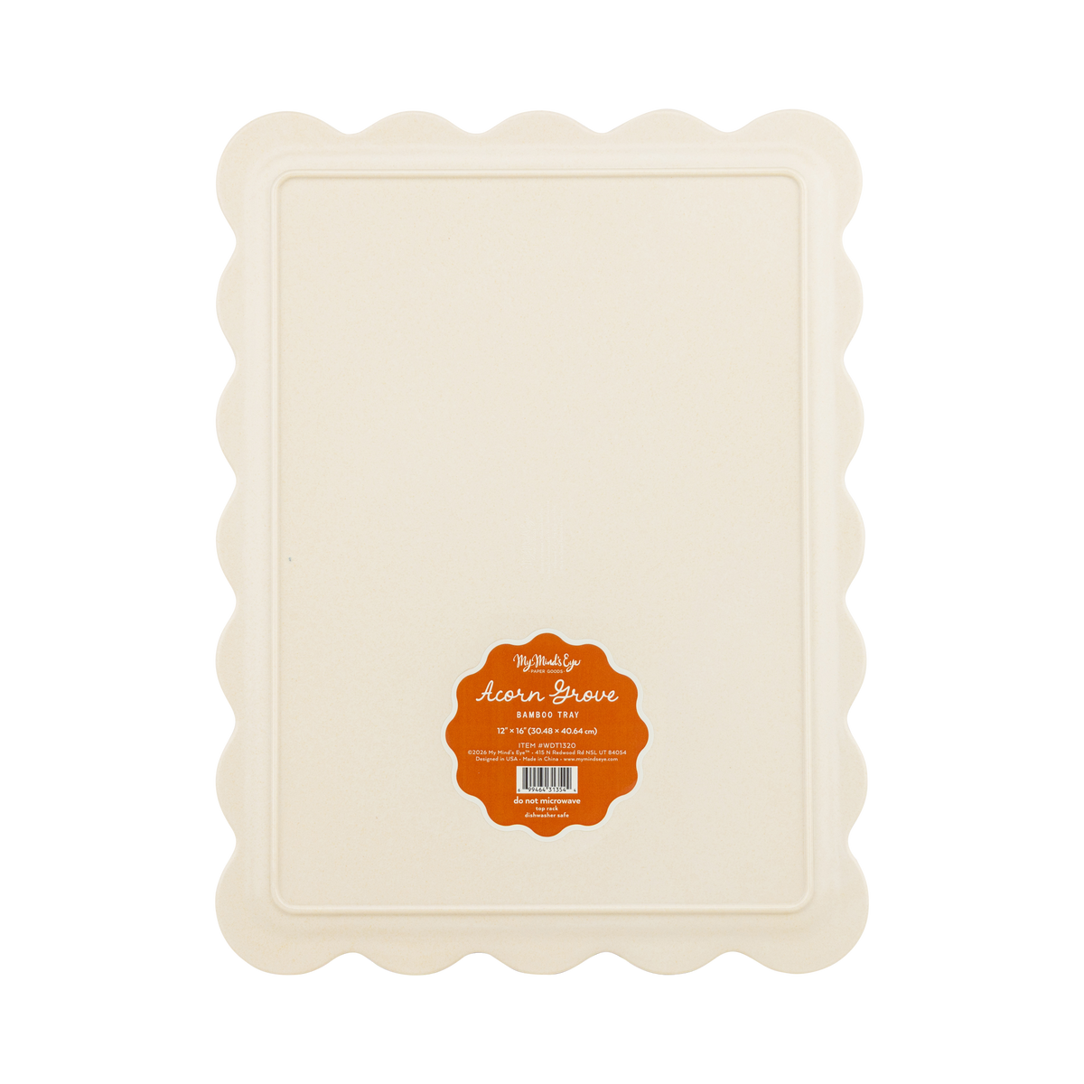 Back of the Acorn Grove bamboo tray showing the plain reverse side and product label.