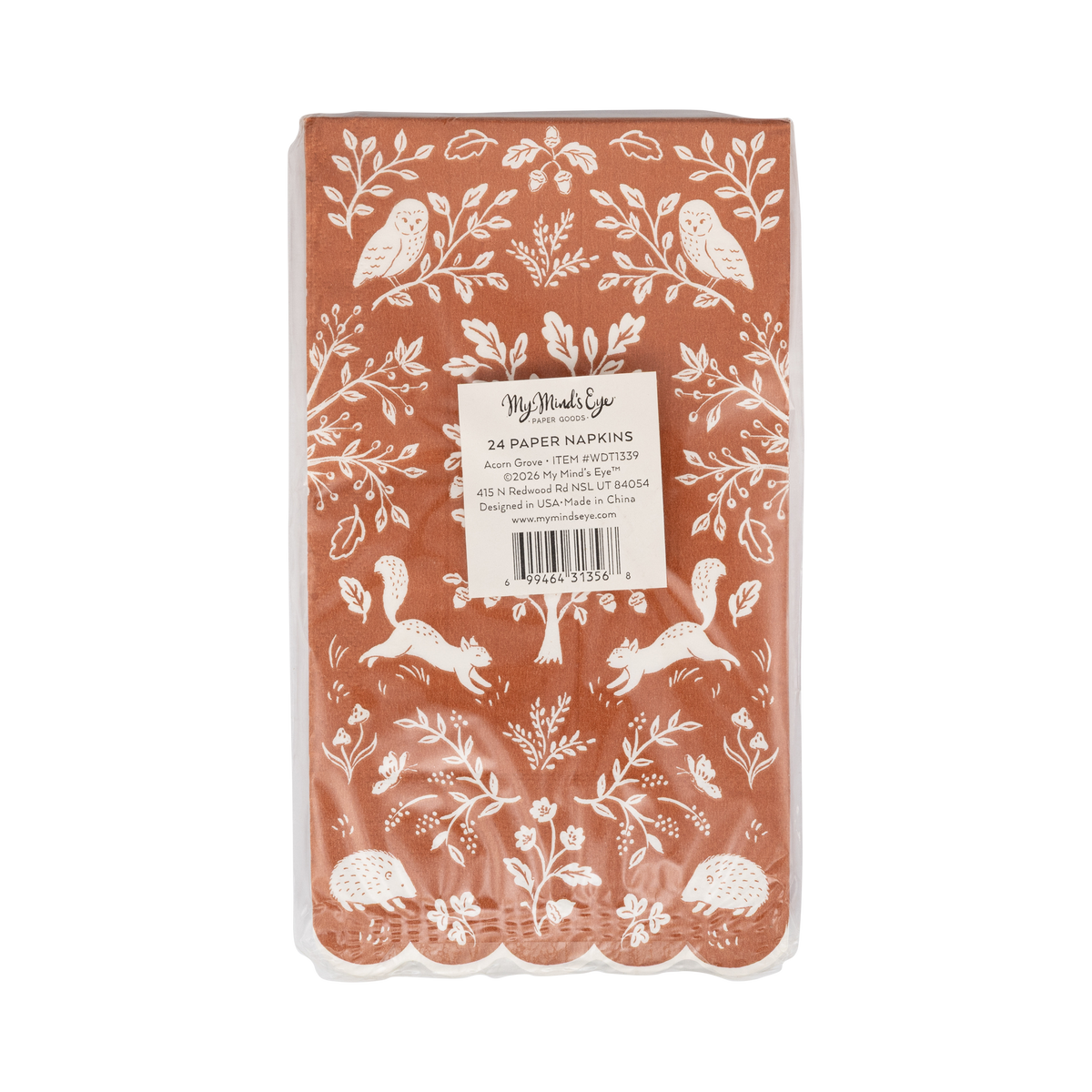 Back packaging view of the 24-pack Acorn Grove paper dinner napkins displaying the product barcode and manufacturer details.
