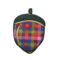 Die-cut acorn shaped napkin in a multicolor plaid with a dark green stem and gold accents, front view on white background.