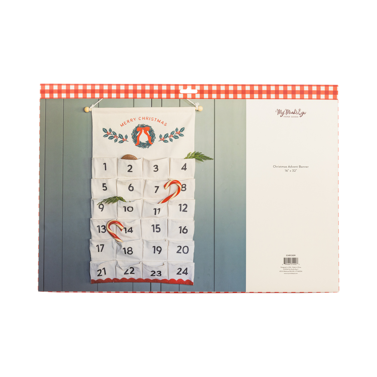 Back of advent banner packaging showing 16" x 32" size details