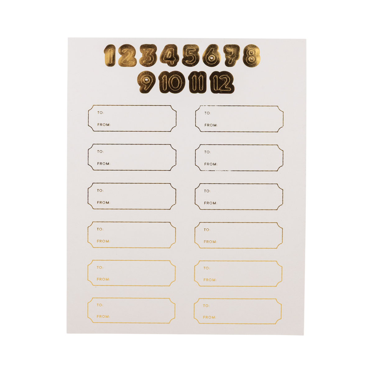 Gold foil sticker sheet with numbers 1 through 12 and to/from gift labels