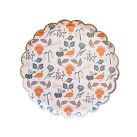 Single round scalloped dessert plate with turkeys, gourds, and leaves, front view.