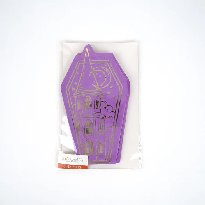 All Hallows Eve Guest Towels | Purple Coffin Napkins with Gold Foil Haunted House | Pack of 16 | Adult Halloween Bar Cart Décor, Spooky Chic Party