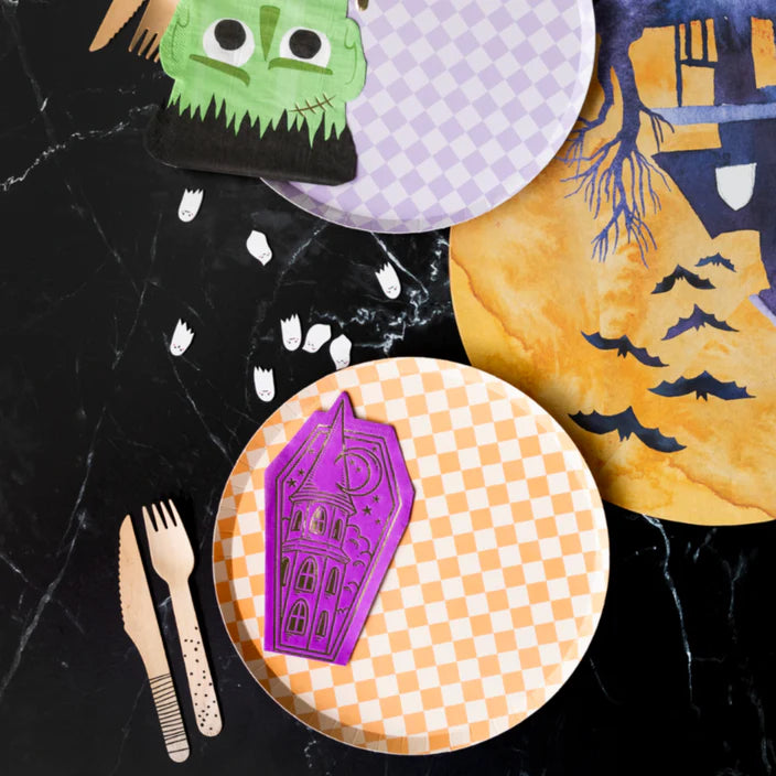 All Hallows Eve Guest Towels | Purple Coffin Napkins with Gold Foil Haunted House | Pack of 16 | Adult Halloween Bar Cart Décor, Spooky Chic Party