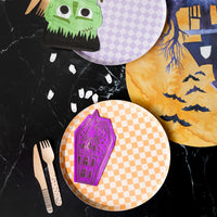 All Hallows Eve Guest Towels | Purple Coffin Napkins with Gold Foil Haunted House | Pack of 16 | Adult Halloween Bar Cart Décor, Spooky Chic Party