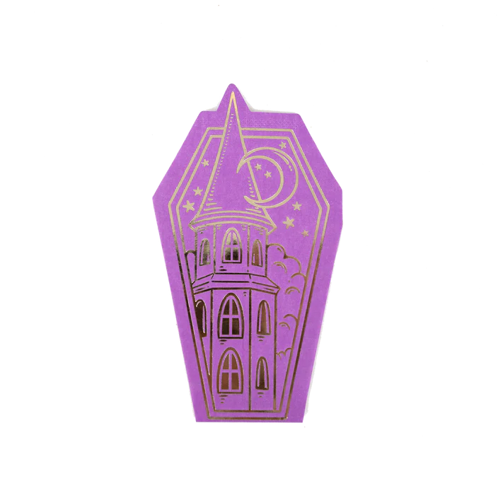 All Hallows Eve Guest Towels | Purple Coffin Napkins with Gold Foil Haunted House | Pack of 16 | Adult Halloween Bar Cart Décor, Spooky Chic Party