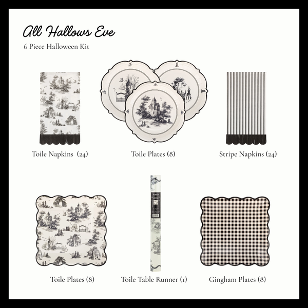 All Hallows Eve Halloween party kit contents, 24 toile napkins, 24 stripe napkins, 8 round toile plates, 8 square toile plates, 8 black gingham plates and a toile table runner