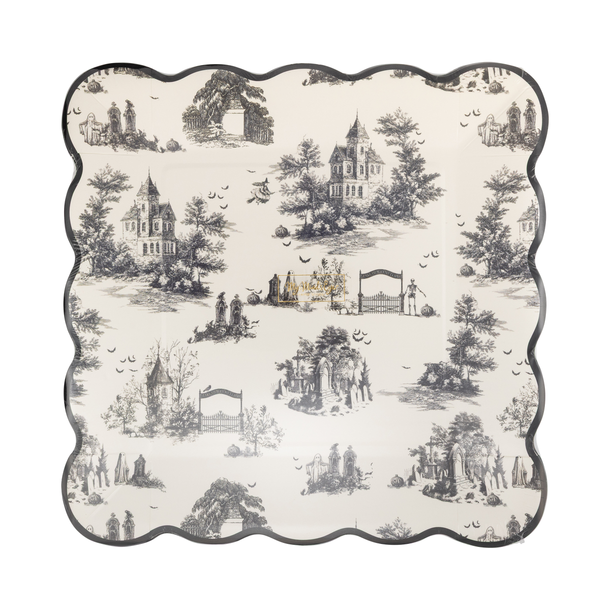 Stack of cream-and-black toile dinner plates in a clear packaging, front view. 
