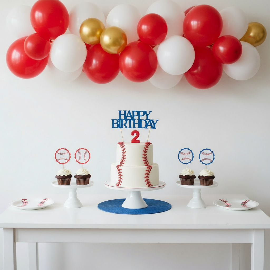 Full party table setup with baseball cake, cupcakes, and the balloon arch backdrop