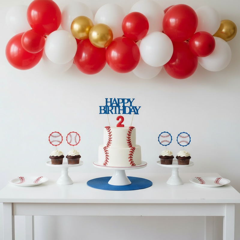 Full party table setup with baseball cake, cupcakes, and the balloon arch backdrop