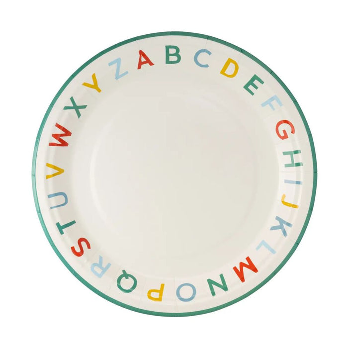 Alphabet paper plate with colorful ABC border.