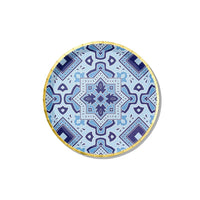 Blue Amalfi tile patterned party plate with gold rim.
